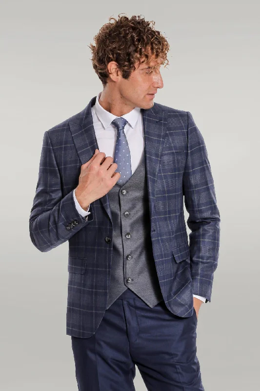 Slim Fit Checked Navy Blue Men Suit - Wessi