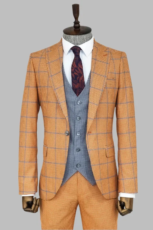 Checked Patterned Slim Fit Orange Men Suit - Wessi