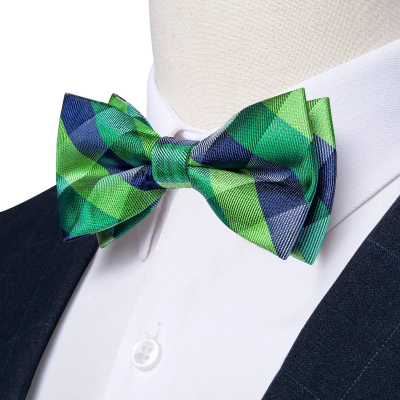 Ties2you Boys Bow Ties Dark Blue Green Plaid Bow Tie Handkerchief Set