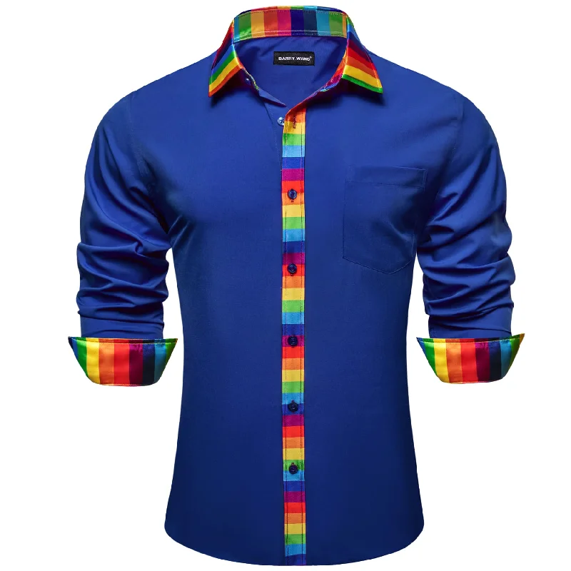 Barry Wang Blue Silk Shirt Splicing Rainbow Color Collar Cuff Shirt