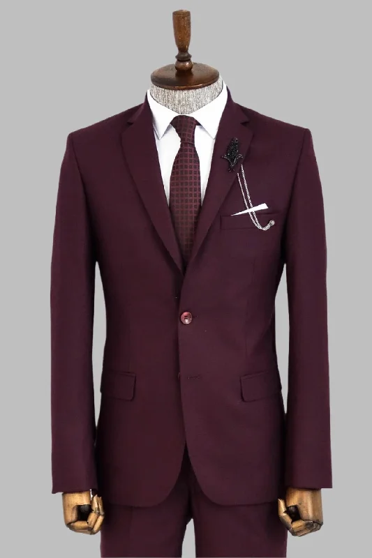 Two Buttons Two Piece Burgundy Men Suit - Wessi