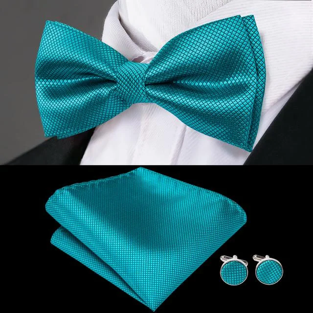 Ties2you Blue Tie Teal Green Solid Pre-Bow Tie Hanky Cufflinks Set