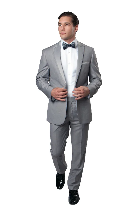 Chic Light Grey Satin Trim Tuxedo - Slim Fit Peak Lapel MT187S-05