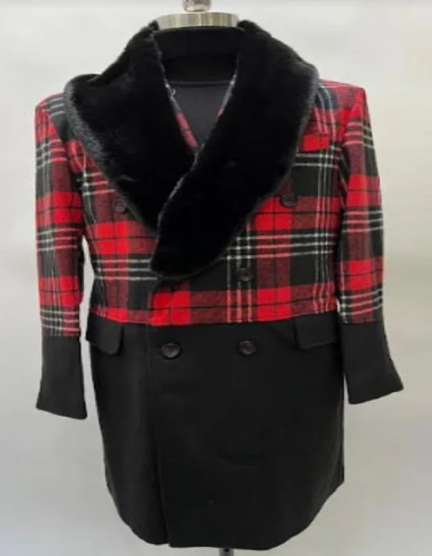 Mens Plaid Overcoat - Wool Peacoat - Plaid Topcoats Shawl Lapel Red and Black