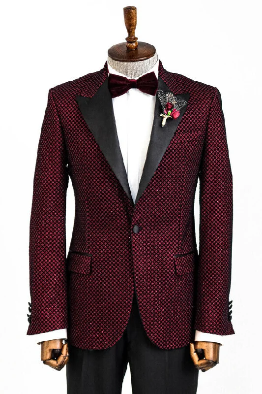 Black Patterned Over Burgundy Men Singer Tuxedo Blazer - Wessi