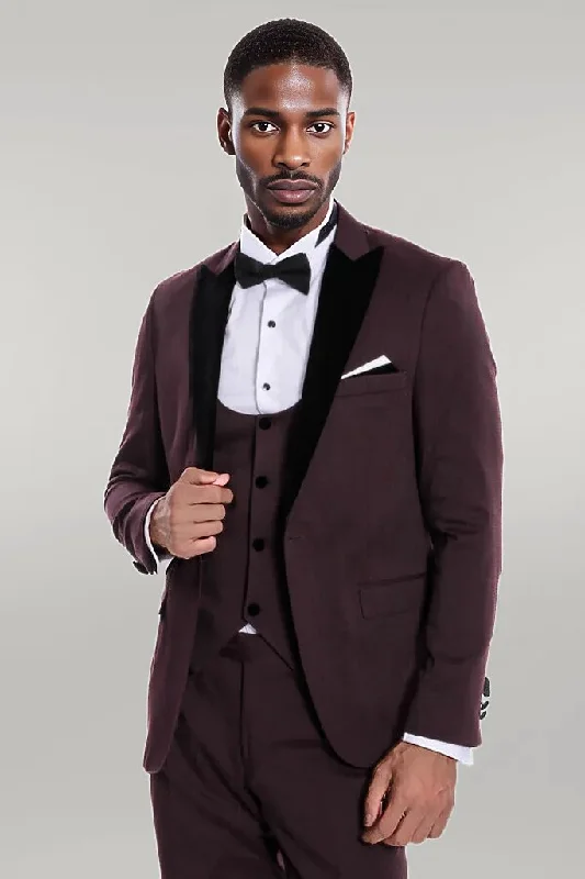 Velvet Lapel Slim Fit Burgundy Men Tuxedo - Wessi