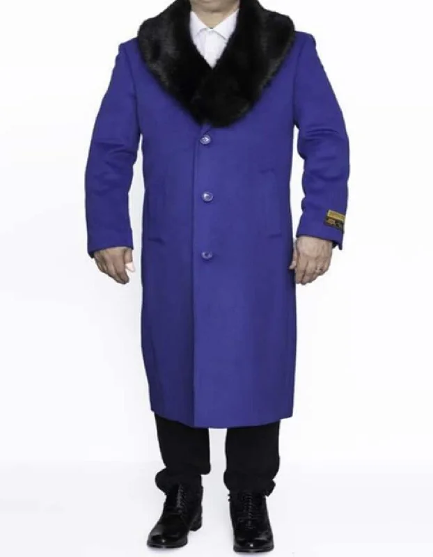 Mens Overcoat - Topcoat For Men - Winter Fabric - Big and Tall Large Ankle length Man ~ Plus Size Removable Fur Collar Overcoat Three Button Long men's Dress Topcoat - Winter coat 4XL 5XL 6XL Royal Blue Full Length 48 Long