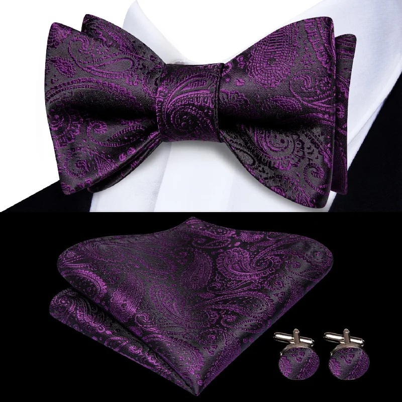 Ties2you Self-tie Bow Ties Deep Purple Paisley Silk Mens Bowtie Set for Tuxedo