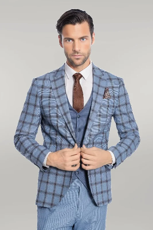 Checked Patterned Slim Fit Blue Men Suit - Wessi