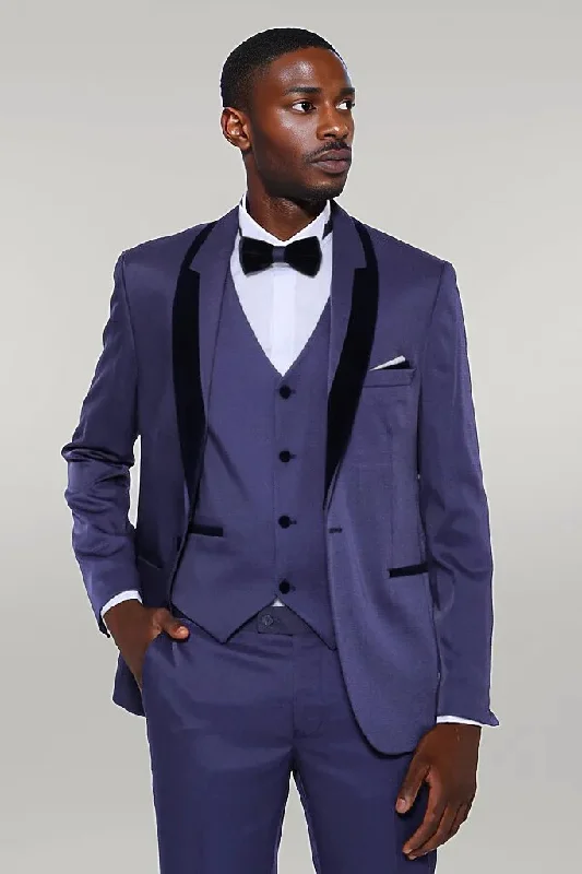 Patterned Navy Blue Velvet Lapel Tuxedo - Wessi