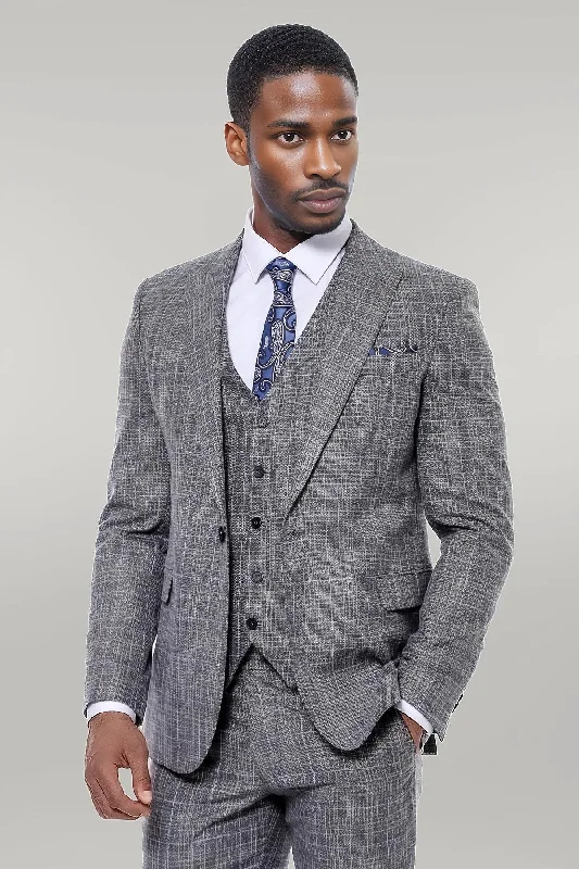 Patterned Vested Slim-Fit Dark Grey Men’s Suit - Wessi