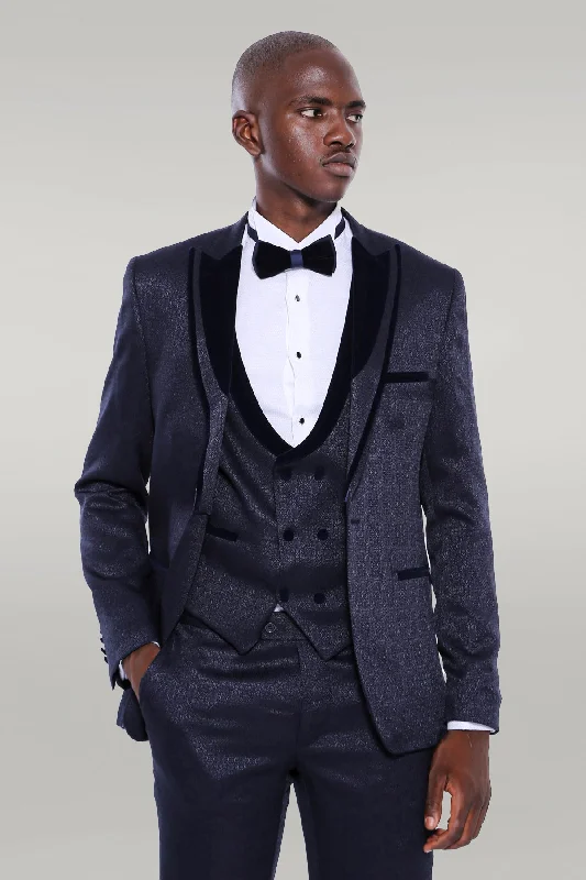 Velvet Lapel Patterned Navy Blue Tuxedo - Wessi