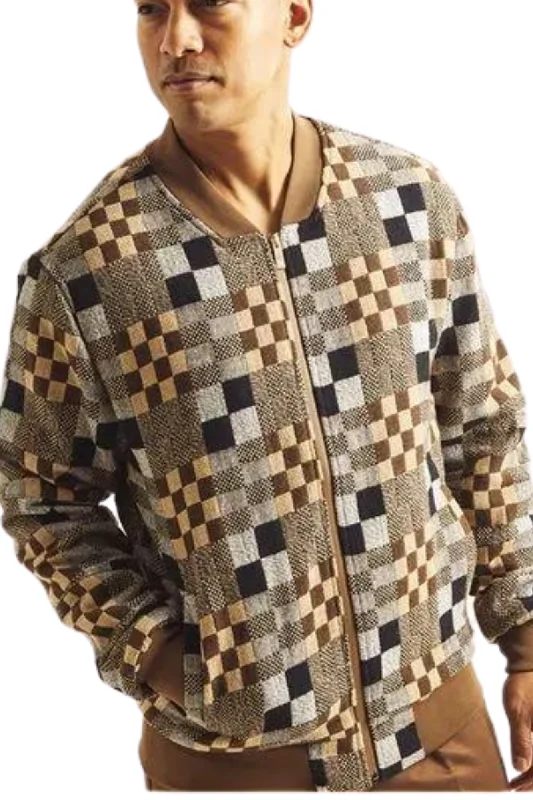 Gents Geo Square Plaid Bomber Full Cut Jacket In Brown