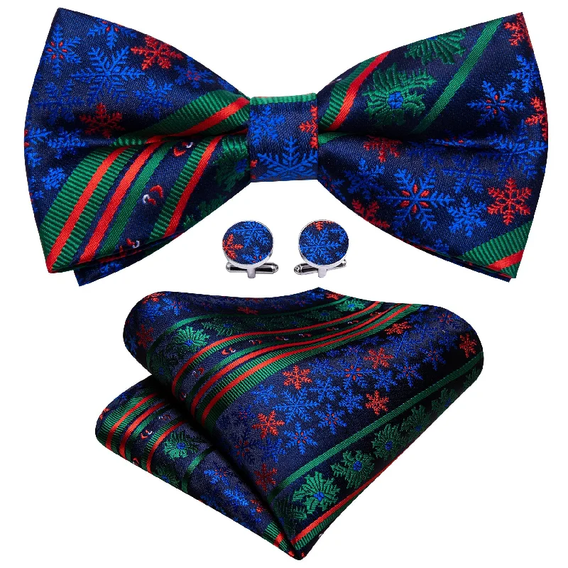 Barry Wang Christmas Blue Green Xmas Pattern Pre Tied Bow Tie Hanky Cufflinks Set