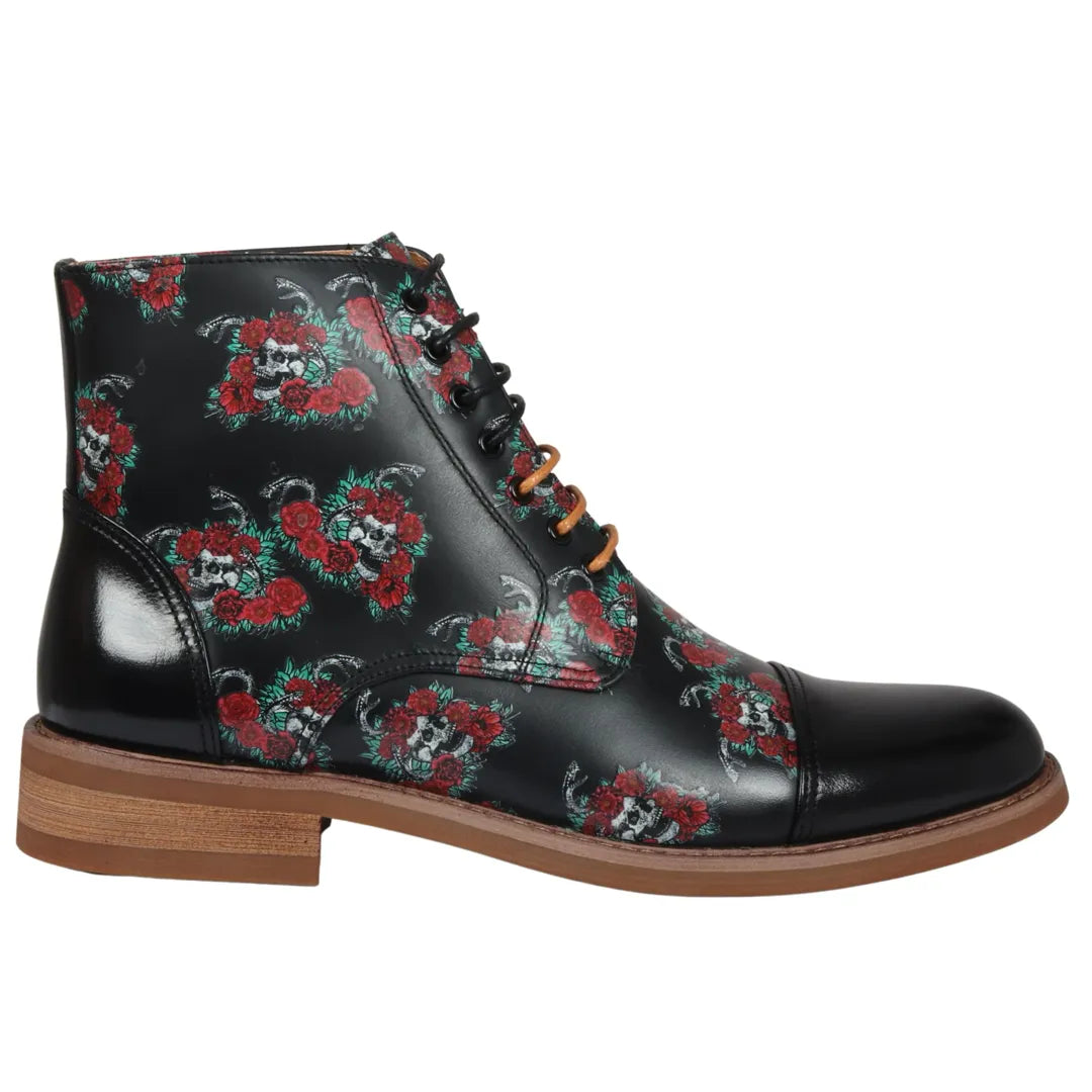 Adam - Men's Black Floral Skull Print Leather Oxford Boots