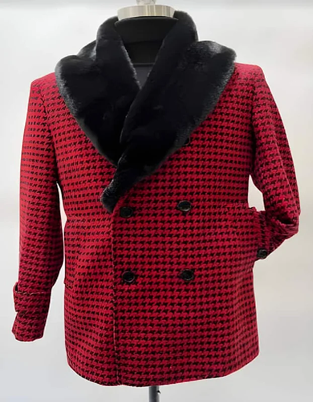 Mens Plaid Overcoat - Hounstooth Checker Pattern Topcoat - Red