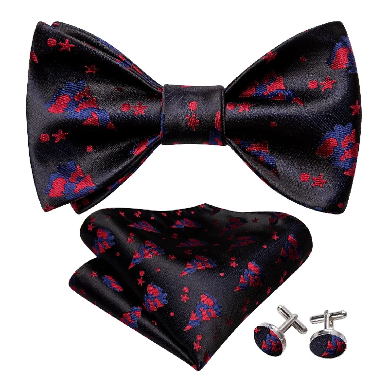 Barry Wang Christmas Black Red Tree Silk Bow Tie Hanky Cufflinks Set