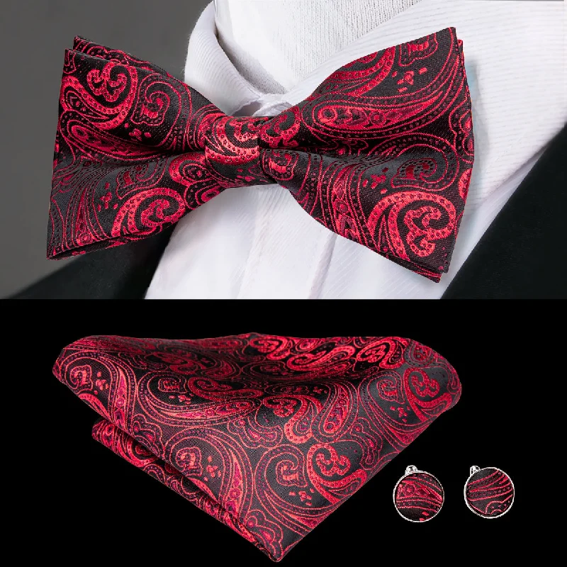 Black Red Purple Paisley Pre-tied Bow Tie Hanky Cufflinks Set