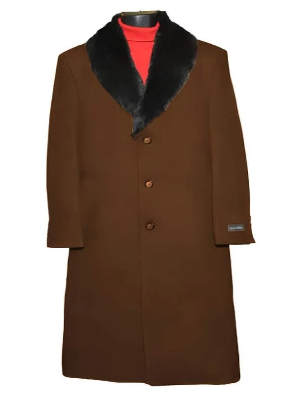 Mens Overcoat - Topcoat For Men - Winter Fabric - Brown Fur Collar 3 Button Wool Ankle length Overcoat ~ Long men's Dress Topcoat - Winter coat